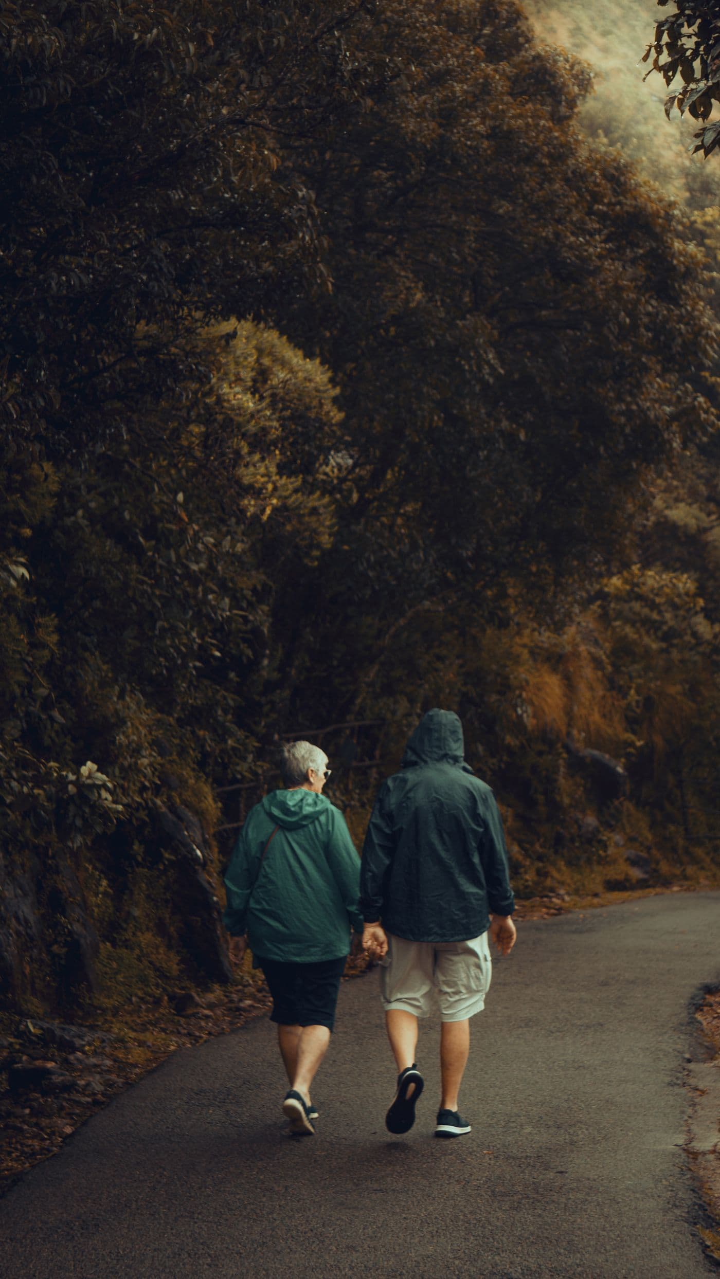 An older couple walking together on a peaceful wooded path